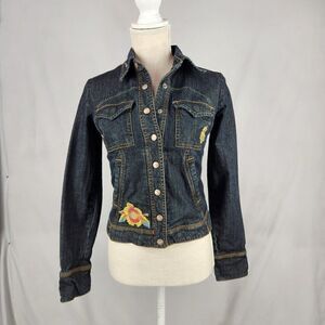 Denim Jean Jacket Women's Size S Island Theme Dark Wash Boho Born Barefoot
